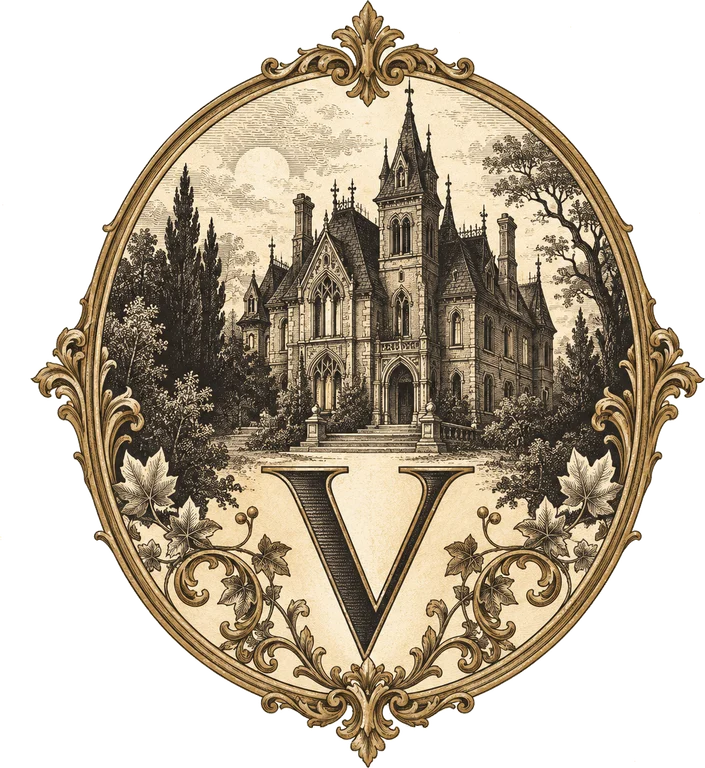 The VintageHauntArt emblem: a Gothic manor framed in a gilded oval above a letter V